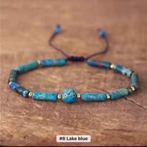 Blue Jasper Stone & Gold Tone Beaded Bracelet w/Central Focal Bead, Adjustable